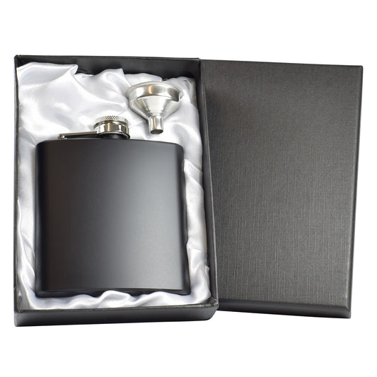Black Hip Flask in Silver Gift Box with Funnel - 5.42 oz