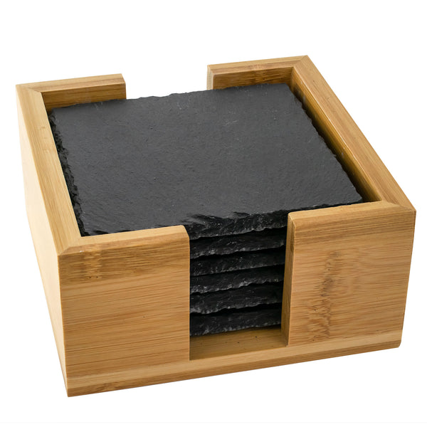 Natural Slate Coaster Set – 6 Square Coasters with Bamboo Holder